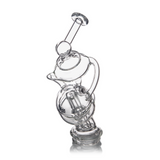 Fabcycler Peak Attachment: Hand-blown glass recycler style with round base, internal percolator, looping tubes, and angled mouthpiece, enhancing Puffco Peak's vapor quality and design.