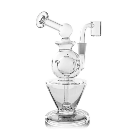 Gemini Mini Dab Rig - Clear with spherical chamber, double ball design, funnel-shaped base, quartz banger, and angled mouthpiece for smooth vaporizing.