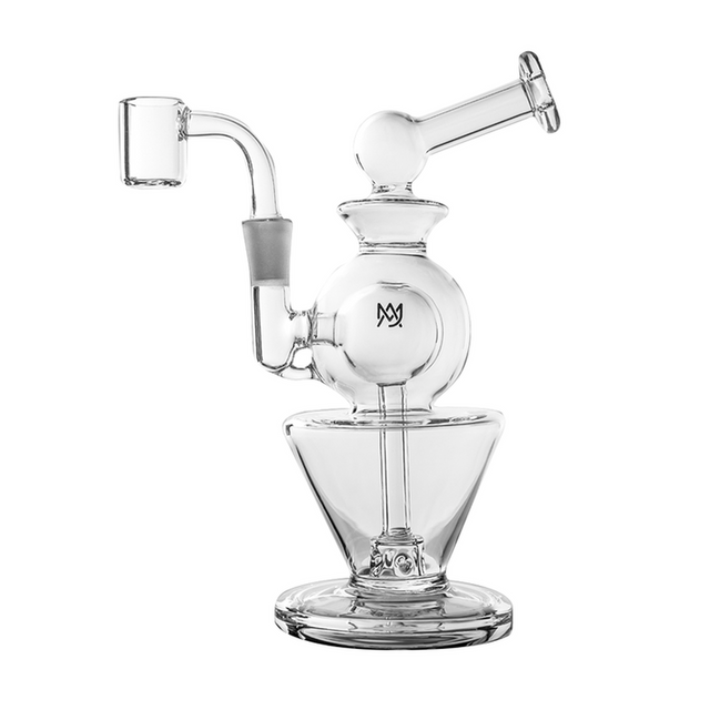Gemini Mini Dab Rig - Clear: compact glass rig with double ball design, quartz banger, angled mouthpiece, and conical base for smooth, splash-free vaporizing.