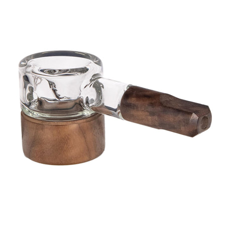 Granby Hand Pipe - Alpine Collection: A glass-and-wood pipe in a wooden stand, featuring a glass bowl and wooden stem, showcasing artisan craftsmanship and ergonomic design.