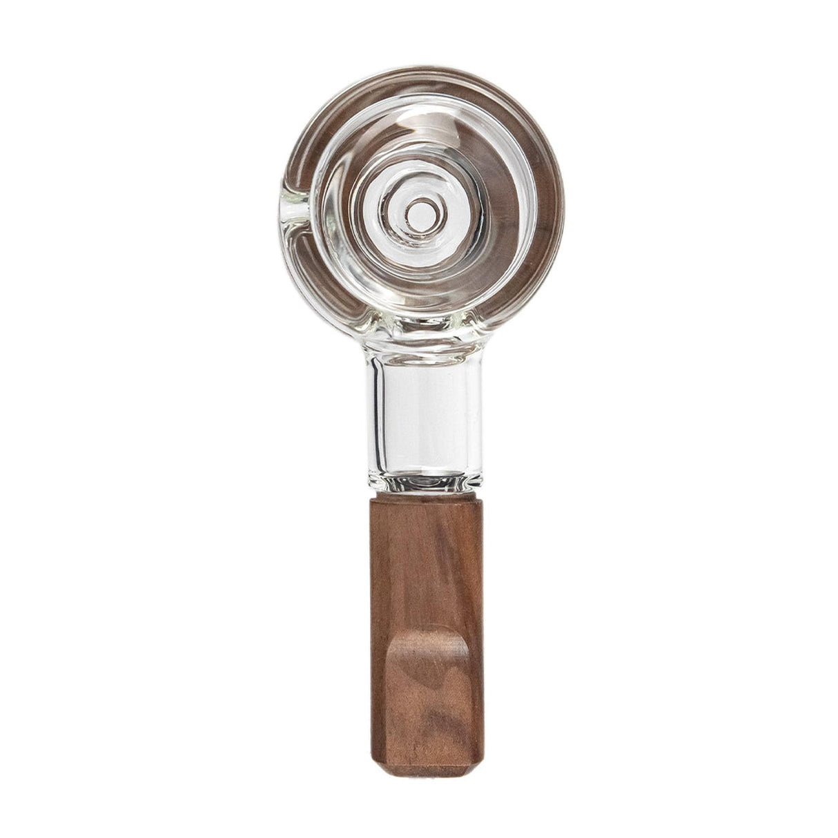 Granby Hand Pipe - Alpine Collection, featuring a clear glass bowl and stem with a short wooden handle, designed for smooth smoking and ergonomic grip.
