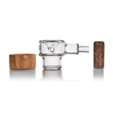 Granby Hand Pipe - Alpine Collection: Wooden cup, clear glass chamber with spout, and matching wooden mouthpiece, showcasing elegant design and craftsmanship.
