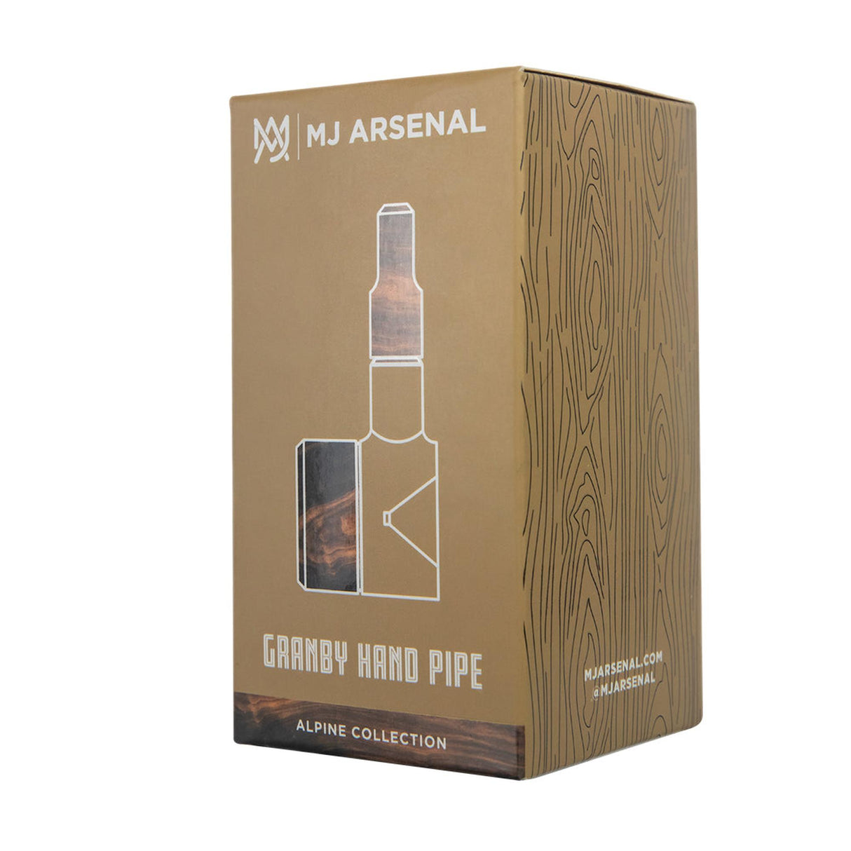 MJ Arsenal “Granby Hand Pipe” retail box from Alpine Collection, featuring wood-grain design, logo, line drawing of the pipe, and product name at the bottom.