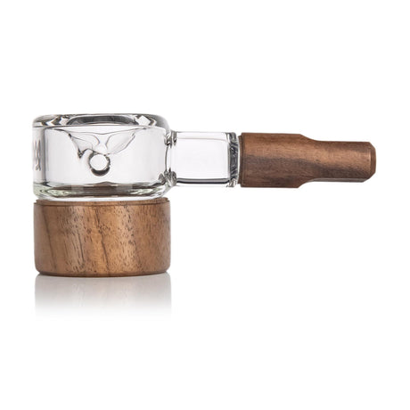 Granby Hand Pipe - Alpine Collection: A clear glass pipe with a wooden base and handle, showcasing ergonomic design and craftsmanship for a refined smoking experience.