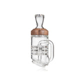 Halo Peak Attachment - Alpine Collection: A glass dab rig with a clear percolator chamber, wooden collar, bent mouthpiece, and ergonomic handle for enhanced airflow and smooth draws.