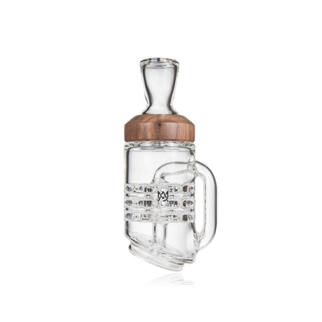 Halo Peak Attachment - Alpine Collection: A glass dab rig with a clear percolator chamber, wooden collar, bent mouthpiece, and ergonomic handle for enhanced airflow and smooth draws.