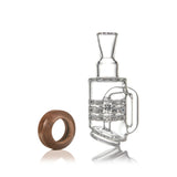 Halo Peak Attachment - Alpine Collection: Glass recycler-style water pipe with stacked percolators and splash guard, paired with a walnut base for stability and elegance.