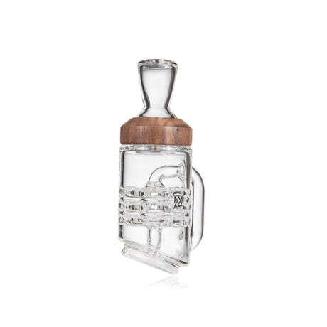Halo Peak Attachment - Alpine Collection: A clear-glass water-filtration piece with recycler percolator, vertical mouthpiece, and wooden collar, designed for Peak and Peak Pro.