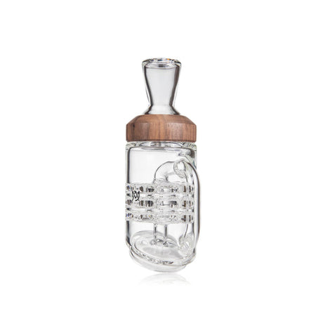 Halo Peak Attachment from the Alpine Collection: Clear glass dab rig with wooden accents, featuring a built-in percolator for smooth, filtered draws.