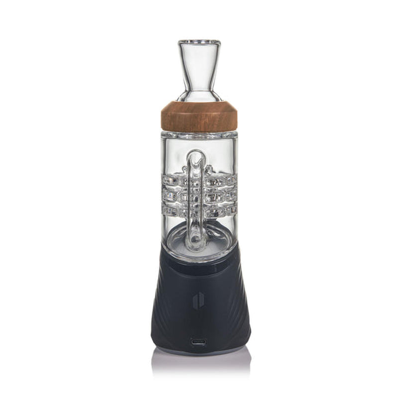 Halo Peak Attachment - Alpine Collection: Portable e-rig with glass percolator, black walnut trim, silicone base, USB-C port, designed for smooth, flavorful vaporizing of concentrates.