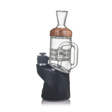 Halo Peak Attachment - Alpine Collection: Glass bubbler with wood accent on black base, optimizing airflow and diffusion for enhanced vapor experience. Ergonomic design for secure grip.