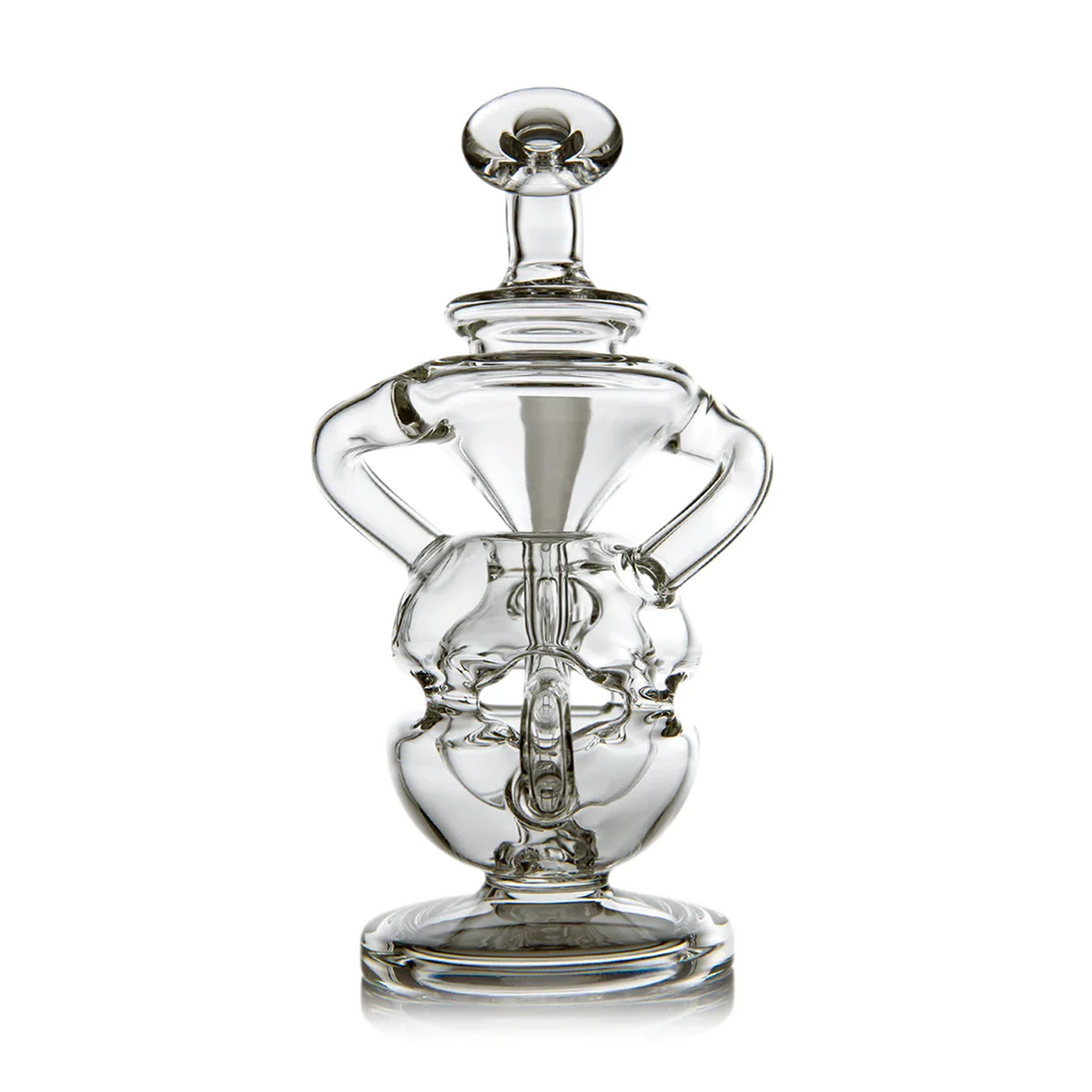 Infinity Mini Dab Rig - Clear: Transparent, multi-chambered glass water pipe with fab egg percolation and double uptake recycler for smooth, flavorful hits. Compact and expertly crafted.