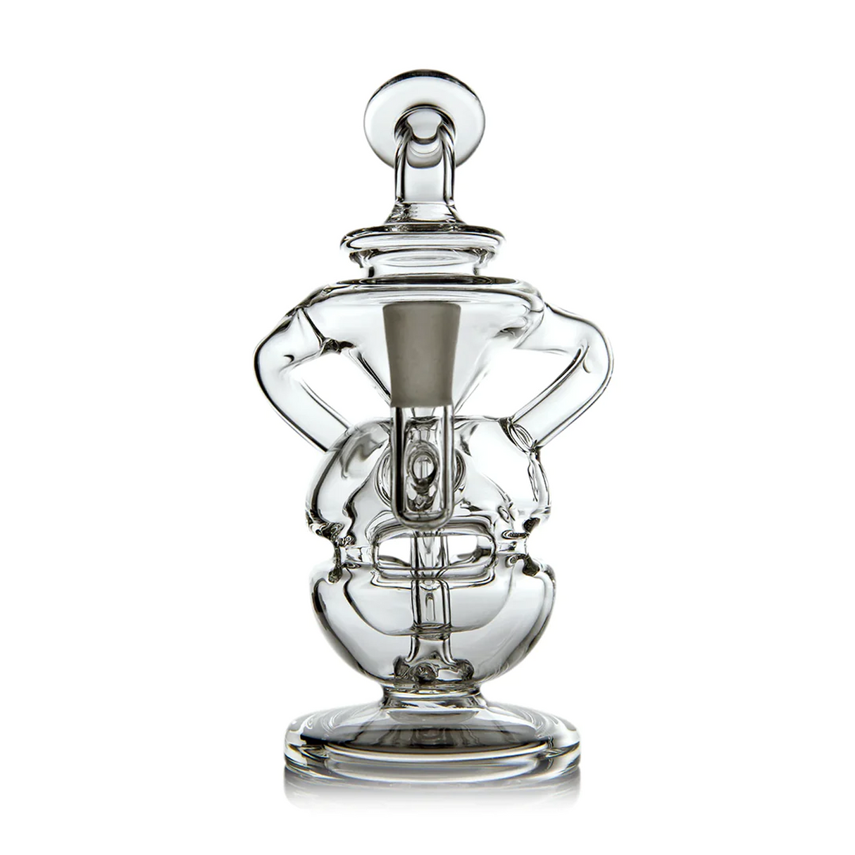 Infinity Mini Dab Rig - Clear: A compact, all-glass rig with fab egg percolation and double uptake recycler, expertly crafted for smooth, flavorful dabs.