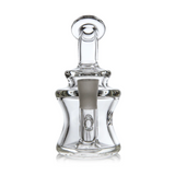 Jammer Mini Dab Rig - Clear: Compact glass oil rig with a fixed joint, percolator chamber, matching carb cap, offering powerful, smooth hits in a durable design.