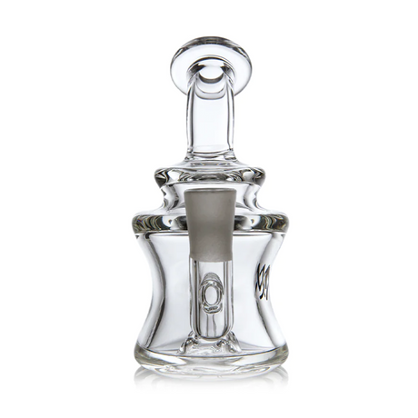 Jammer Mini Dab Rig - Clear: Compact glass oil rig with a fixed joint, percolator chamber, matching carb cap, offering powerful, smooth hits in a durable design.