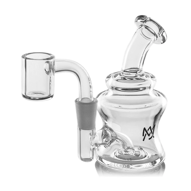 Jammer Mini Dab Rig - Clear: A compact glass water pipe with a quartz banger, crafted for robust vaporization, featuring a reinforced percolator and durable borosilicate glass.