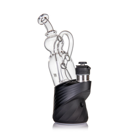 Lasso Peak Attachment: A desktop e-rig with a black base, clear glass water chamber, and elegant looping recycler pathways for smooth, flavorful vaporization.