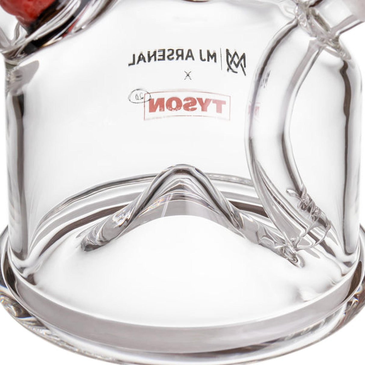 Close-up of MJA x Tyson 2.0 Punch-Out Bubbler, showcasing branded logos and internal percolator, designed for powerful, smooth hits with water filtration.