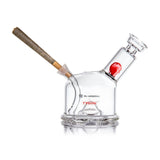 MJA x Tyson 2.0 Punch-Out Bubbler with a pre-roll, features a red glass accent in the mouthpiece chamber, highlighting its compact, functional design.