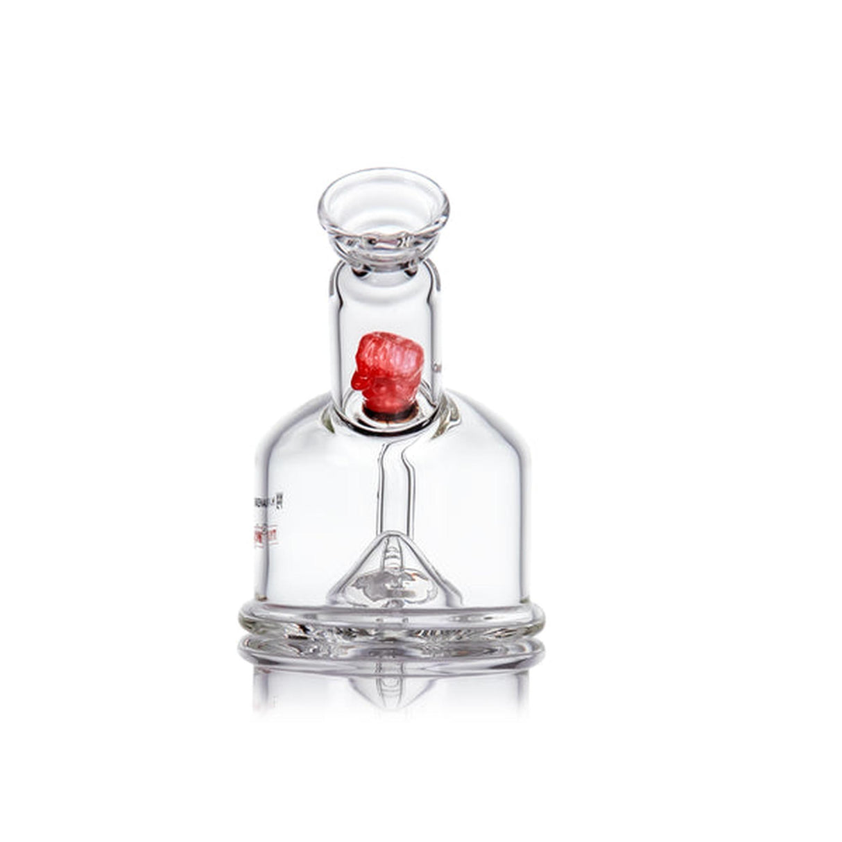 MJA x Tyson 2.0 Punch-Out Bubbler: Clear glass carb cap with a red terp pearl inside, designed for even concentrate vaporization on a heated banger.