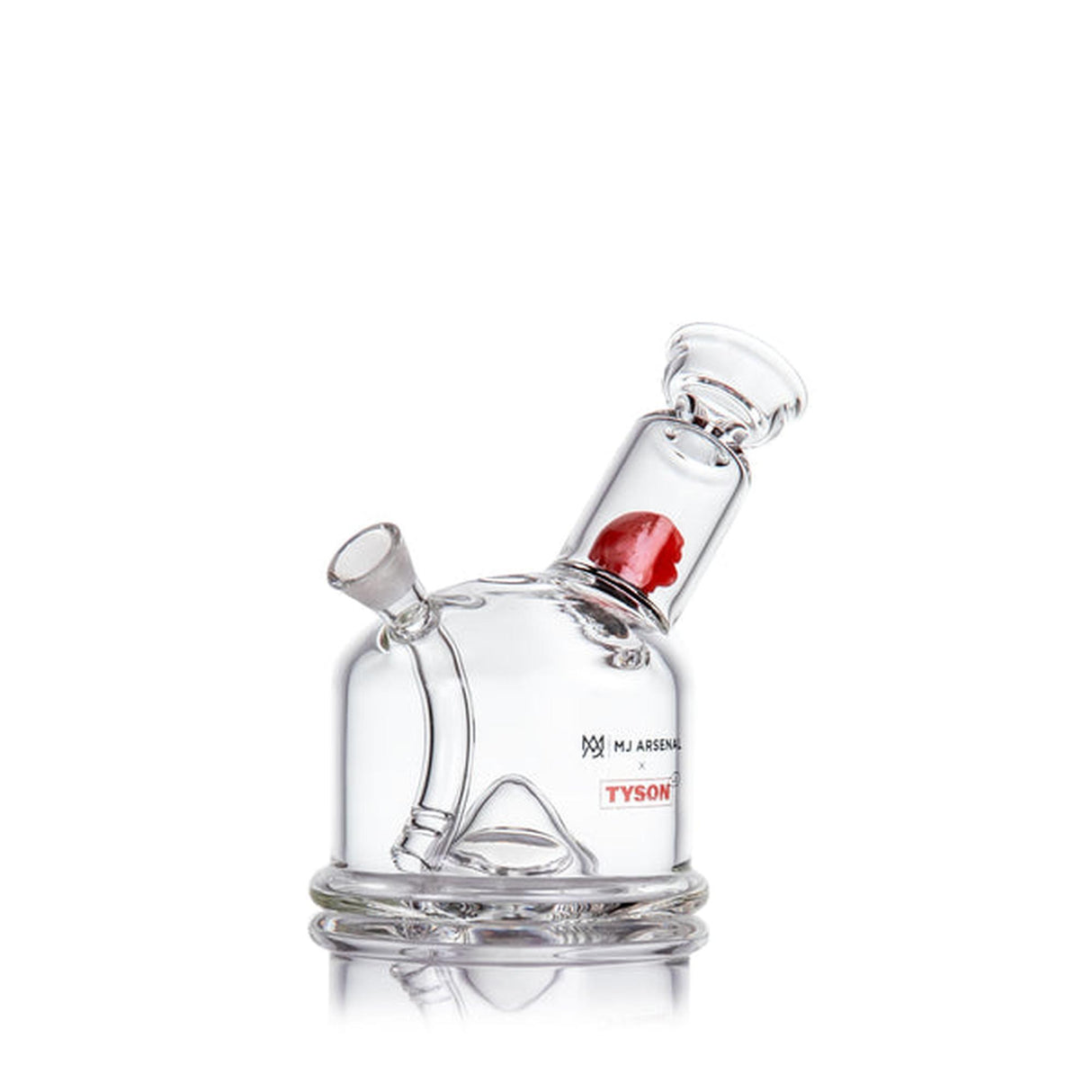 MJ Arsenal x Tyson 2.0 Punch-Out Bubbler features a clear glass design with a red boxing glove accent, rounded base, angled mouthpiece, and internal percolator.