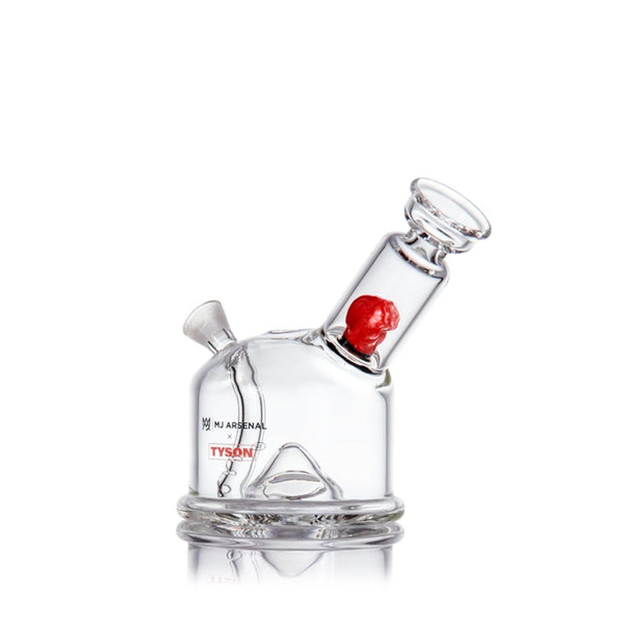 MJA x Tyson 2.0 Punch-Out Bubbler: Clear-glass water pipe with internal percolator, red head detail, removable bowl, and signature boxing glove design for smooth, powerful hits.