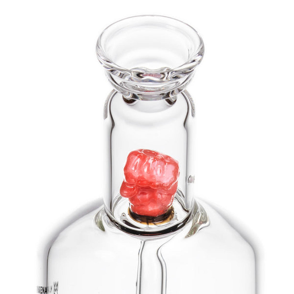 Close-up of MJA x Tyson 2.0 Punch-Out Bubbler, featuring a red gummy-bear percolator and signature boxing glove encased in borosilicate glass.