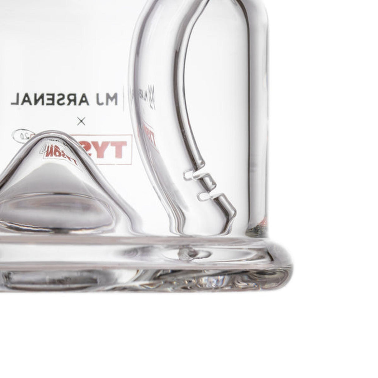 MJA x Tyson 2.0 Punch-Out Bubbler close-up showing thick base, slitted percolator tube, and main chamber with reverse-printed logos, highlighting its compact, powerful design.