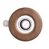 Palisade Bong - Alpine Collection: Top-down view of a clear borosilicate glass cylinder with a wooden collar and side mouthpiece, showcasing modern wood-glass design.