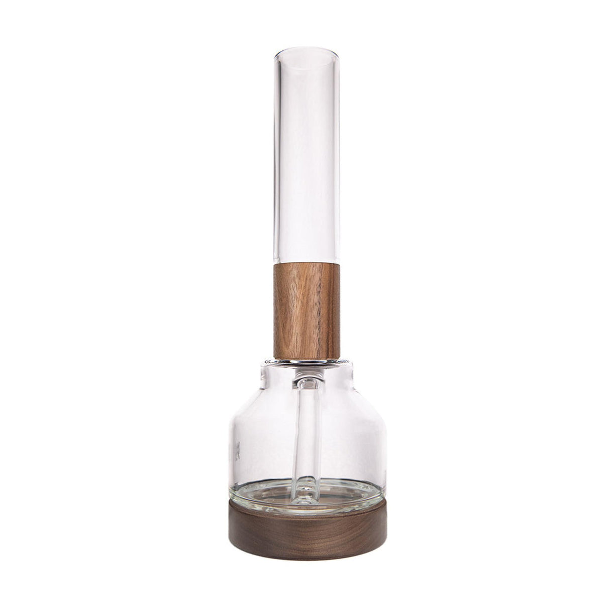 Palisade Bong - Alpine Collection: Clear-glass bong with cylindrical mouthpiece, small water chamber, downstem, and black walnut accents, showcasing modular design for easy cleaning.