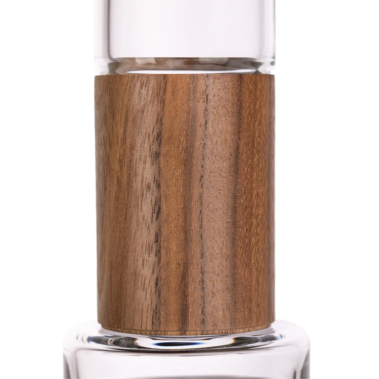 Palisade Bong - Alpine Collection: A clear glass vessel with a smooth, cylindrical wooden sleeve at its center, showcasing refined design and precise craftsmanship.