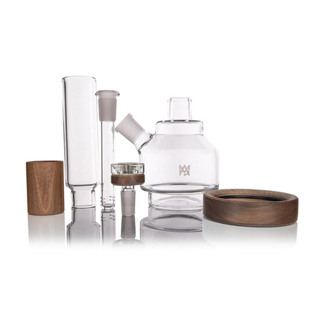 Palisade Bong - Alpine Collection: Disassembled glass water pipe with wooden accents, featuring a water chamber, down-stems, bowl, mouthpiece cover, and base ring.