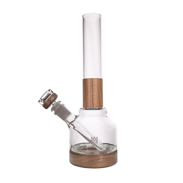 Palisade Bong - Alpine Collection: A clear glass bong with wood accents, featuring a modular design, angled downstem, and detachable bowl for easy cleaning and refined use.