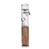 Ridge Chillum - Alpine Collection: A compact glass one-hitter with a clear water chamber and wooden handle, showcasing premium craftsmanship and ergonomic design.