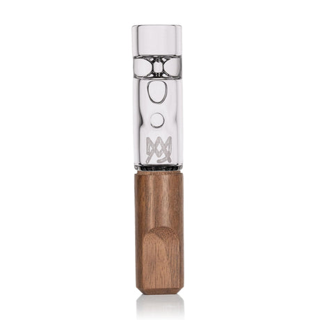 Ridge Chillum - Alpine Collection: A clear glass mouthpiece with airflow baffles, mounted on a black walnut handle, showcasing compact elegance and premium craftsmanship.
