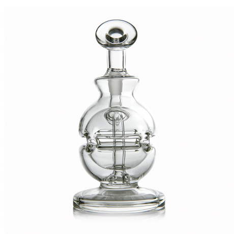 Royale Mini Dab Rig - Clear: A compact, clear-glass tabletop bubbler with a round base, bulbous chamber, internal percolator, and straight neck with rounded mouthpiece.