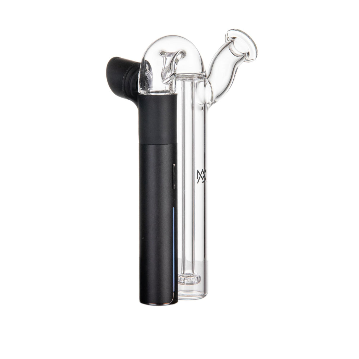 Sidecar Pivot Top - Clear: Matte-black vaporizer with glass water-bubbler attachment, ergonomic design for smooth, splash-free hits, crafted from durable borosilicate glass.