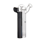 Sidecar Pivot Top - Clear: Matte-black vaporizer with glass water-bubbler attachment, ergonomic design for smooth, splash-free hits, crafted from durable borosilicate glass.