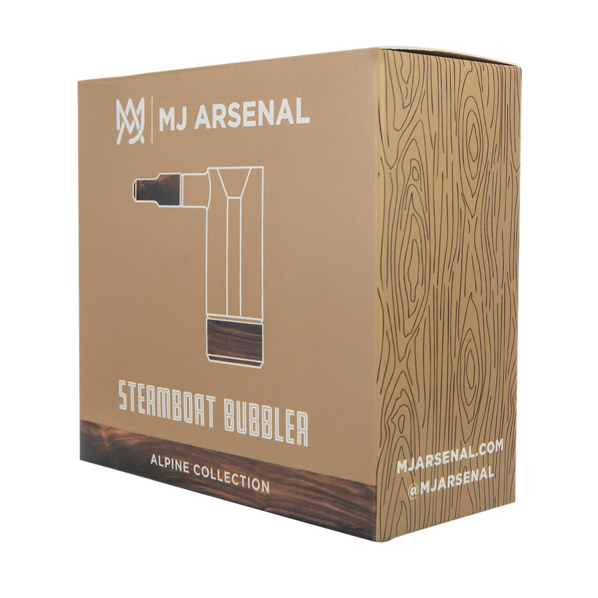 Steamboat Bubbler - Alpine Collection retail box for MJ Arsenal's water-filtration accessory, showcasing its borosilicate glass and black walnut craftsmanship.