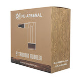 Steamboat Bubbler - Alpine Collection retail box for MJ Arsenal's water-filtration accessory, showcasing its borosilicate glass and black walnut craftsmanship.