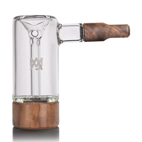 Steamboat Bubbler - Alpine Collection: Portable glass bubbler with wooden base and mouthpiece, featuring an internal downstem for smooth, filtered draws.