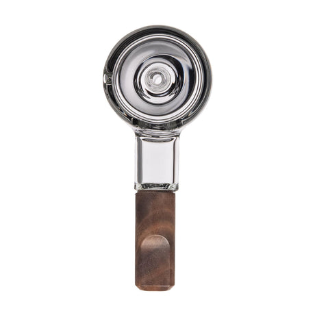 Steamboat Bubbler - Alpine Collection: Hand-held glass pipe with bowl-shaped end, wooden handle, and left-side carb, showcasing timeless craftsmanship and effortless performance.