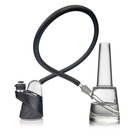 The Bridge Peak Attachment: A sleek glass water-pipe setup with a silicone-wrapped mouthpiece, flexible hose, and universal adapters for customizable sessions.