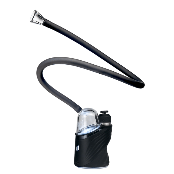 The Bridge Peak Attachment features a compact black base, clear glass bubbler, silicone whip with glass mouthpiece, offering customizable vaporization for Peak models.