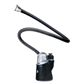 The Bridge Peak Attachment features a compact black base, clear glass bubbler, silicone whip with glass mouthpiece, offering customizable vaporization for Peak models.
