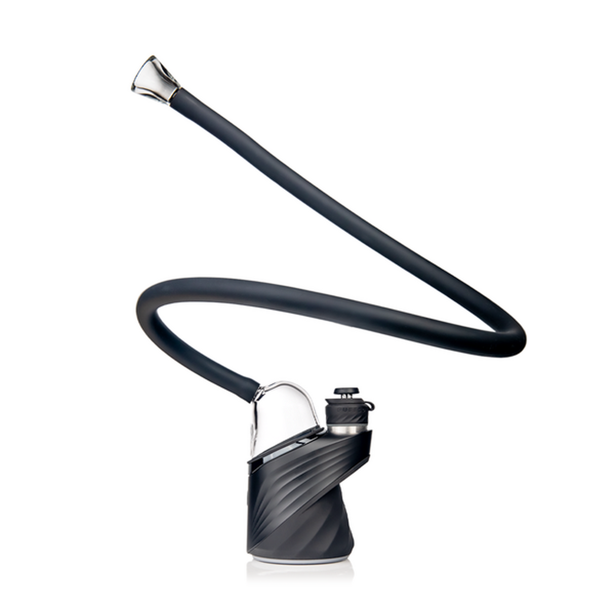 The Bridge Peak Attachment: A modern hookah setup with a glass stem, cylindrical base, silicone hose, and detachable mouthpiece for customizable shisha experiences.