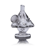 The King Bubbler: Clear glass dab rig with pyramid shape, angled joint, and straight mouthpiece; features double slit percolation for enhanced smoking experience.