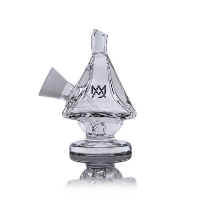The King Blunt Bubbler: A compact glass pyramid recycler with a triangular chamber, angled mouthpiece, side joint, flat base, and visible internal tubes for optimal vapor circulation.