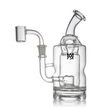 Turbine Mini Dab Rig - Clear: A compact glass rig with a cylindrical chamber, bent-neck mouthpiece, and side quartz banger, featuring dual percolators for smooth vapor diffusion.