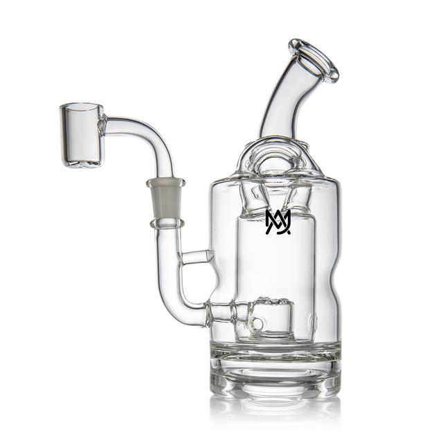 Turbine Mini Dab Rig - Clear: A compact glass rig with a cylindrical chamber, bent-neck mouthpiece, and side quartz banger, featuring dual percolators for smooth vapor diffusion.